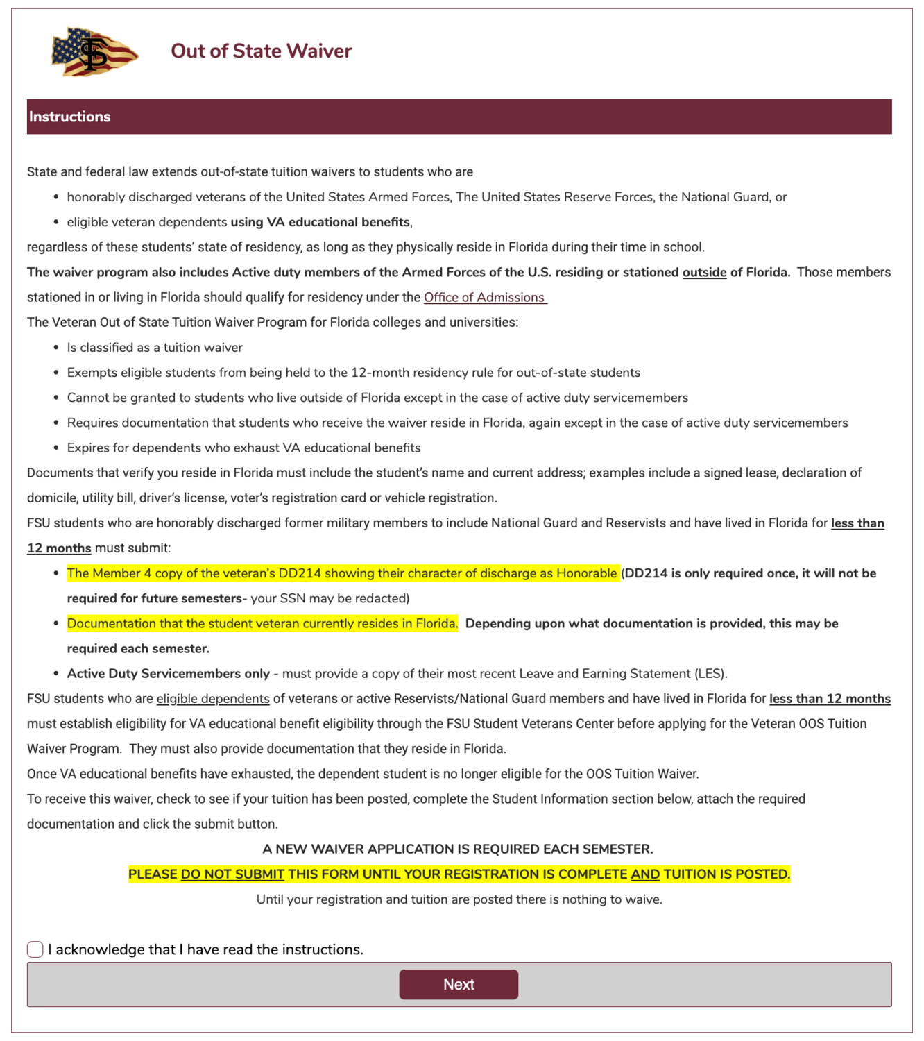 A picture of the Out-of-State Tuition Waiver form