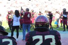 Veterans Alliance arrowhead on football helmet.